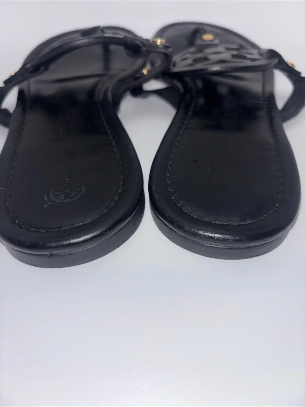 Tory Burch Black Leather Logo Thong Sandals with Gold Studs